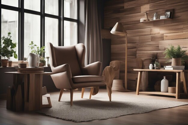 Wing chair near rustic wooden coffee table interior design of scandinavian living room with frames