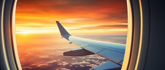 Photo the wing of a plane with the sunset in the background