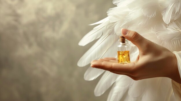 Photo a winged angelic figure halfhuman and halfbird holds a vial of shimmering gold liquid symbolizing