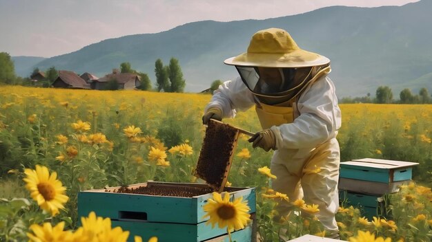 Photo winged bee slowly flies to beekeeper collect nectar on private apiary from live flowers apiary consi