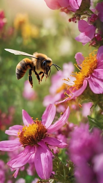 Winged bee slowly flies to beekeeper collect nectar on private apiary from live flowers