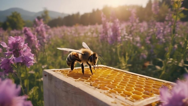 Winged bee slowly flies to beekeeper collect nectar on private apiary from live flowers