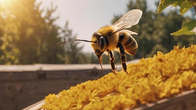 Winged bee slowly flies to beekeeper collect nectar on private apiary