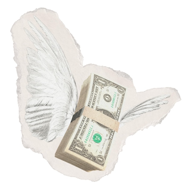 Winged dollar bills png inflation collage element on transparent background