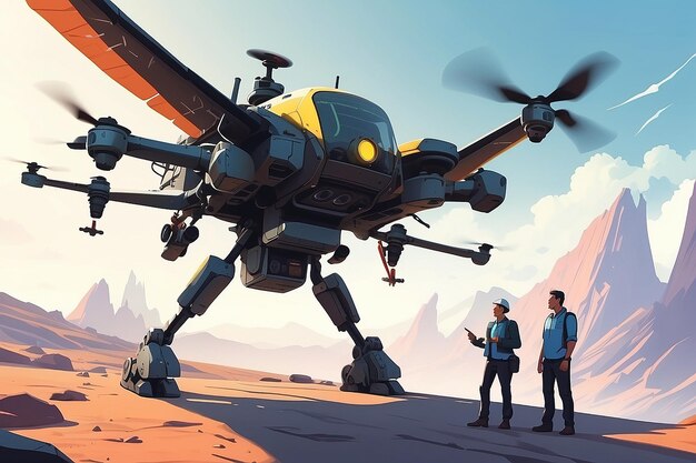 Winged Inspectors A Flat Vector Tale of Engineers and Drone Operators in Harmony