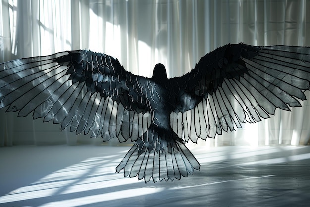 Photo a winged sculpture made of metal and wire