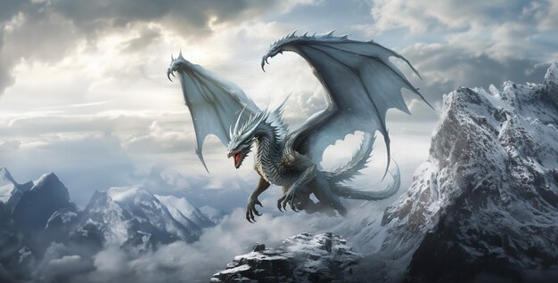 翼のある白いドラゴンが雪の山の上を飛んでいる