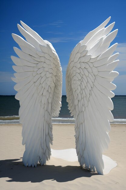 Photo wings are white and spread out on a beach near the ocean generative ai