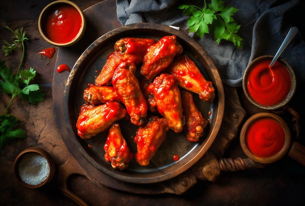 Wings on a black table with ketchup dipping sauce