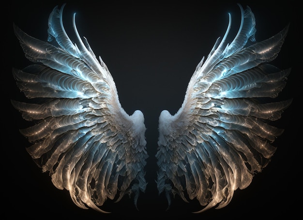 Wings of a white bird with blue and black feathers generative ai