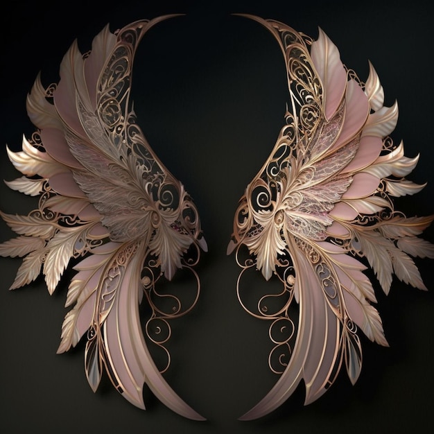 wings with gold and pink paint on them on a black background generative ai