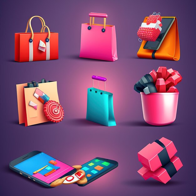 Winkel 3d render icon set Gift bag smartphone plastic kaart objecten 3D-rendering. rasterillustratie