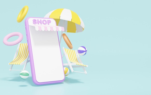 Winkel online via smartphone en bal float mobiele applicatie winkelen zomer minimale promotie verkoop op hemelsblauwe achtergrond banner website 3D render illustratie