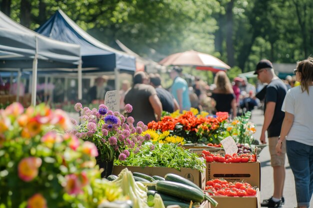 Winkelaars kopen bloemen, planten en natuurlijk voedsel op een boerenmarkt