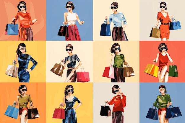 Winkelen vrouwen collage set verschillende vrouwen met kleurrijke boodschappentassen Verkoopkorting zwarte vrijdag