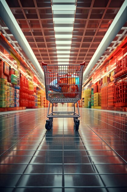 Foto winkelkarretje met gang van de supermarkt