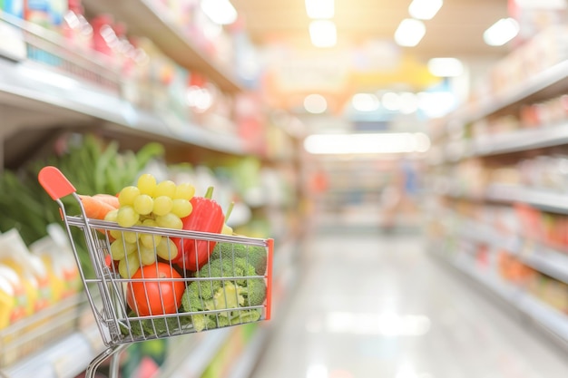 Winkelkarretje vol boodschappen met vage achtergrond supermarkt moderne witte scène