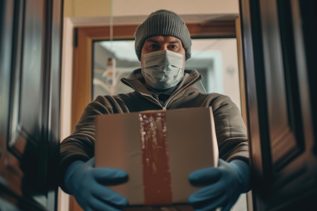 Winkelkist voor thuisbezorging man met handschoenen en beschermend masker die pakketten bij de deur aflevert