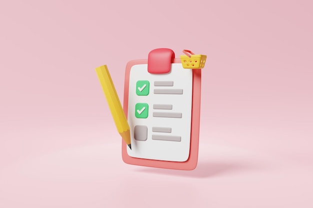 Winkellijst met de juiste markering checkbox papier blad potlood mand op roze achtergrond Order checklist taak clipboard voor winkel supermarkt boodschappen product kopen en verkopen planning 3d rendering