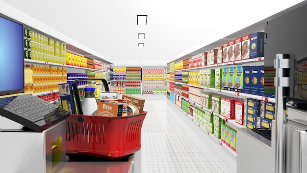 Winkelmandje bij de kassa in de supermarkt