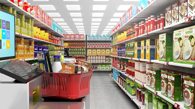 Winkelmandje bij de kassa in de supermarkt