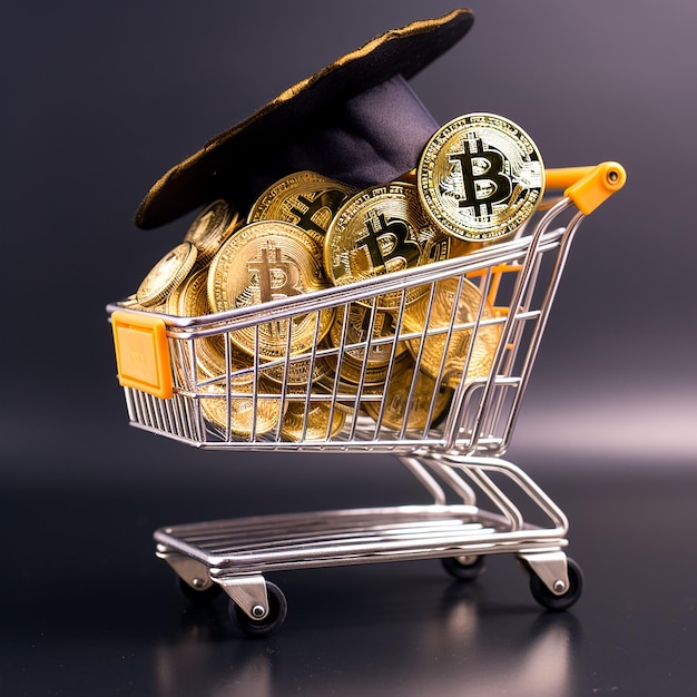 Winkelmandje en cryptocurrency munten op een roze achtergrond gegenereerd door AI