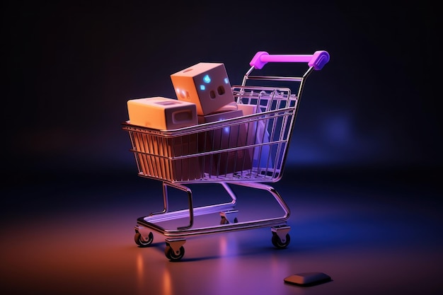 Winkelmandje verzending kartonnen doos laptop als achtergrond e-commerce attributen Generatieve AI