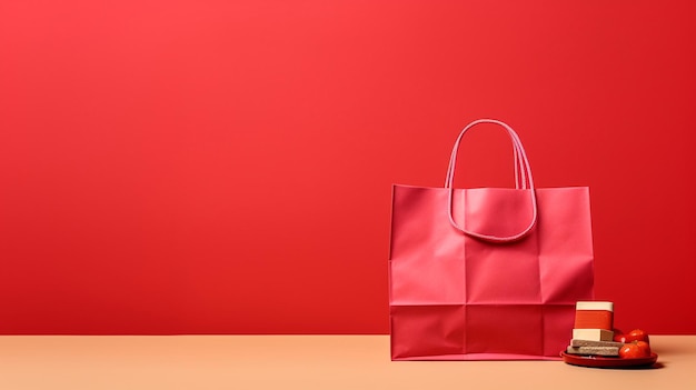 Winkeltas met geschenkdoos en kersentomaten op rode achtergrond