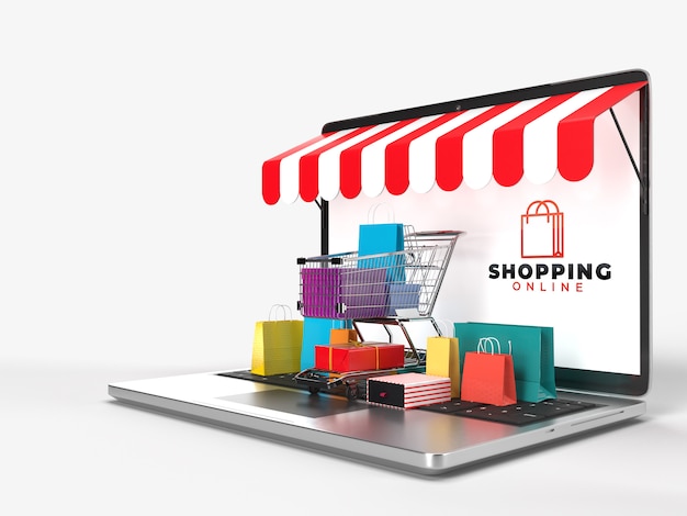 Winkelwagen, boodschappentassen En de doos van het product Zet op de laptop Dat is een online winkel digitale internetmarkt. Concept van marketing en digitale marketingcommunicatie. 3D-weergave