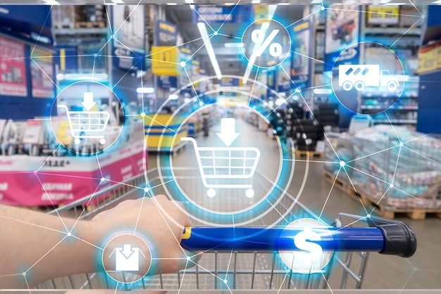 Winkelwagen E-commerce Marketing kanaal distributie concept op supermarkt achtergrond
