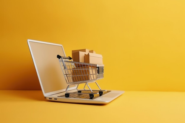 Winkelwagen met kartonnen dozen en laptop gele achtergrond Generatieve AI