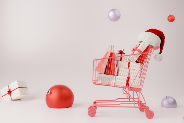 Winkelwagen met kerstmuts, geschenkdozen en boodschappentassen omgeven door kerstballen