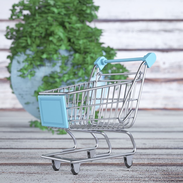 Winkelwagen Trolley op een houten plank tafel extreme close-up. 3D-rendering