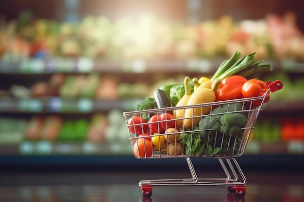 Winkelwagen vol verse groenten in de supermarkt