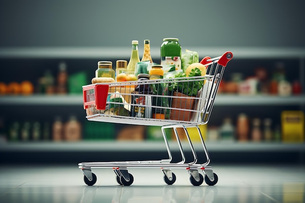 Winkelwagentje met een verscheidenheid aan voedingsmiddelen in de supermarkt Supermarkt achtergrond