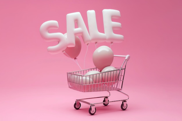 Winkelwagentje met het bord SALE en opblaasbare heliumballen op roze achtergrond Sale Black Friday concept winkelseizoen aankoopkortingen shopaholic Promotie marketing