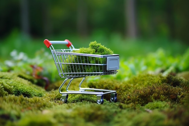 Winkelwagentje met mos op de achtergrond van de natuur Groene Vrijdag verkoop Earth Day Milieu en Eco concept gezonde levensstijl nul afval duurzame levensstijl bewuste consumptie eco markt trolley