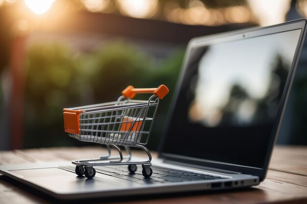 winkelwagentje model en laptop online bedrijf en e-commerce concept