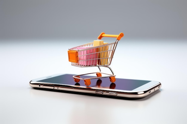 Winkelwagentje op mobiel scherm concept van online verkoop en e-commerce Generatieve AI