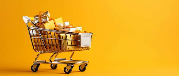 Winkelwagentje vol geschenken op gele achtergrond verkoopbanner zwarte vrijdag verkoop Cyber maandag verkoop Generative Ai