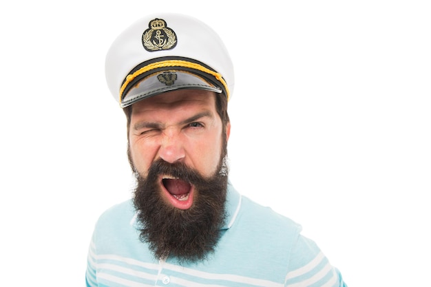 Photo winking sailor copy space bearded sailor isolated on white navy and marine sea adventures concept sailor or seaman with long beard and mustache work as sailor professional mariner sea food