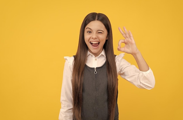 Winking schoolgirl in school uniform happy smile gesturing OK sing yellow background agreed