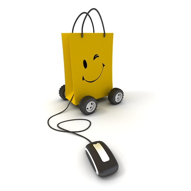 컴퓨터 마우스에 연결된 바퀴에 윙크하고 웃는 노란색 쇼핑백