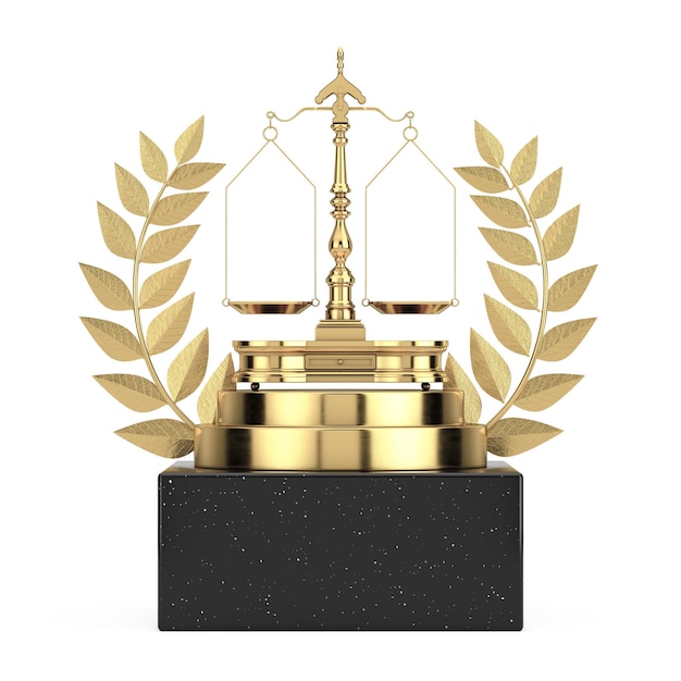Winnaar Award kubus gouden lauwerkrans podium podium of voetstuk met oude Justitie gouden weegschaal balans met de twee armen 3D-rendering
