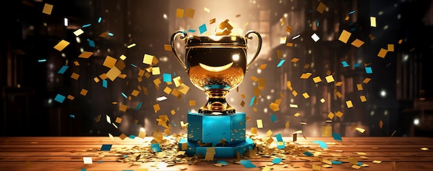 Foto winnaar gouden trofee met kleurrijke confetti generatieve ai