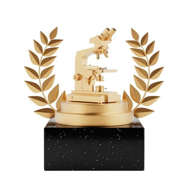 Winner Award Cube Gold Laurel Wreath Podium Stage of Pedestal met Gouden Moderne Laboratorium Microscoop 3D Rendering