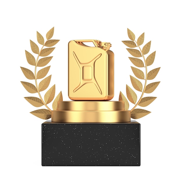 Foto vincitore premio cube gold laurel wreath podio palco o piedistallo con golden jerrycan 3d rendering