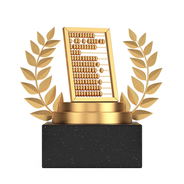 우승자 수상 큐브 골드 월계관 연단 무대 또는 황금 빈티지 주판 3d 렌더링이 있는 받침대