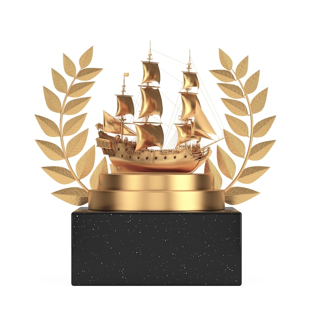 Vincitore premio cube gold laurel wreath podio palco o piedistallo con golden vintage tall veliero caravel pirate ship o warship 3d rendering