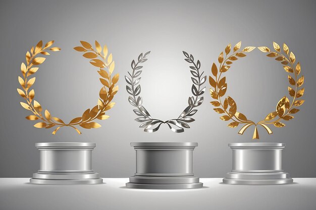 Photo winner background with golden silver and bronze laurel wreaths with ribbons on round pedestal isolated on gray background vector winner podium sports symbols